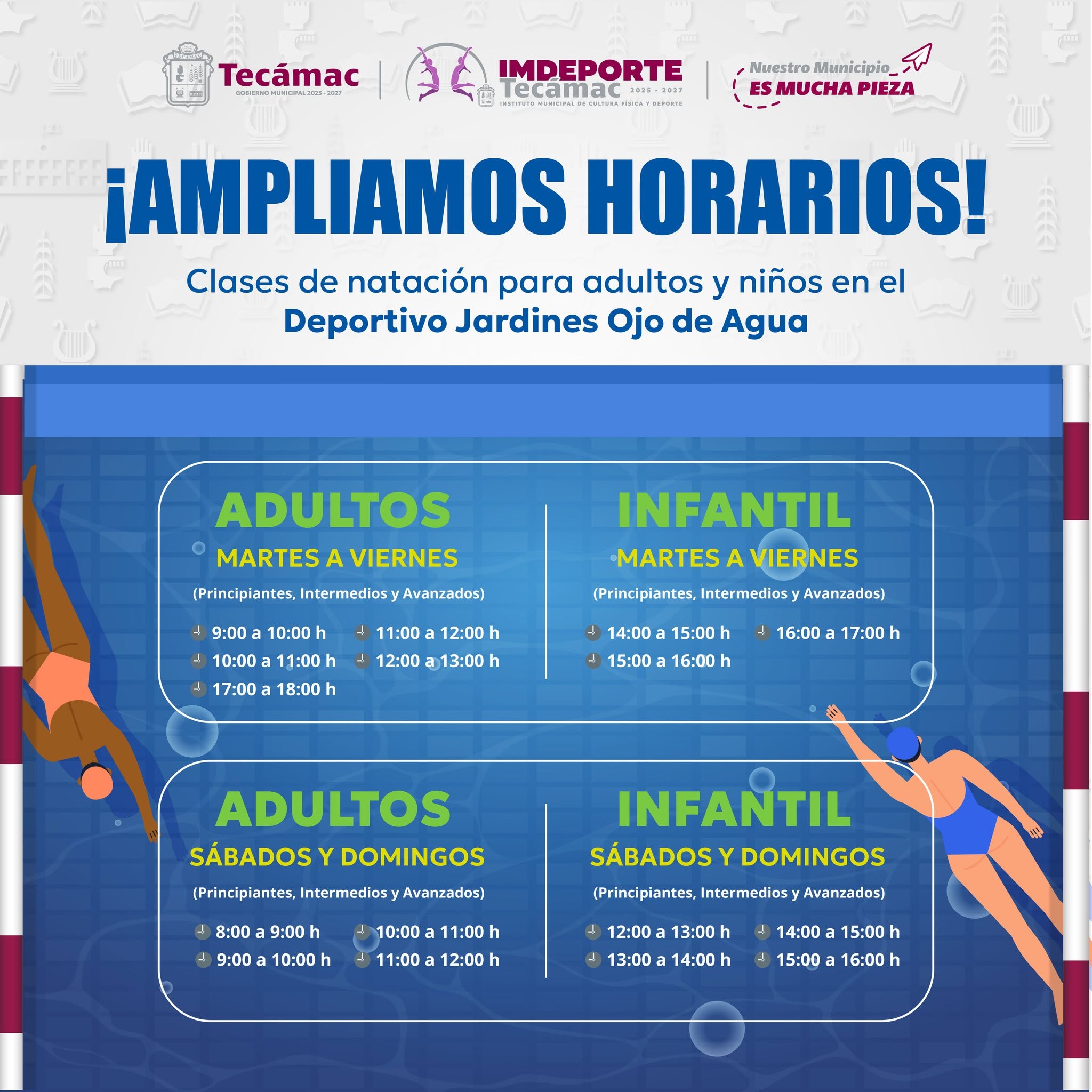 ¡¡¡Los horarios de las clases de natación del Deportivo Jardines en Ojo de Agua fueron ampliados.🏊‍♀️!!!